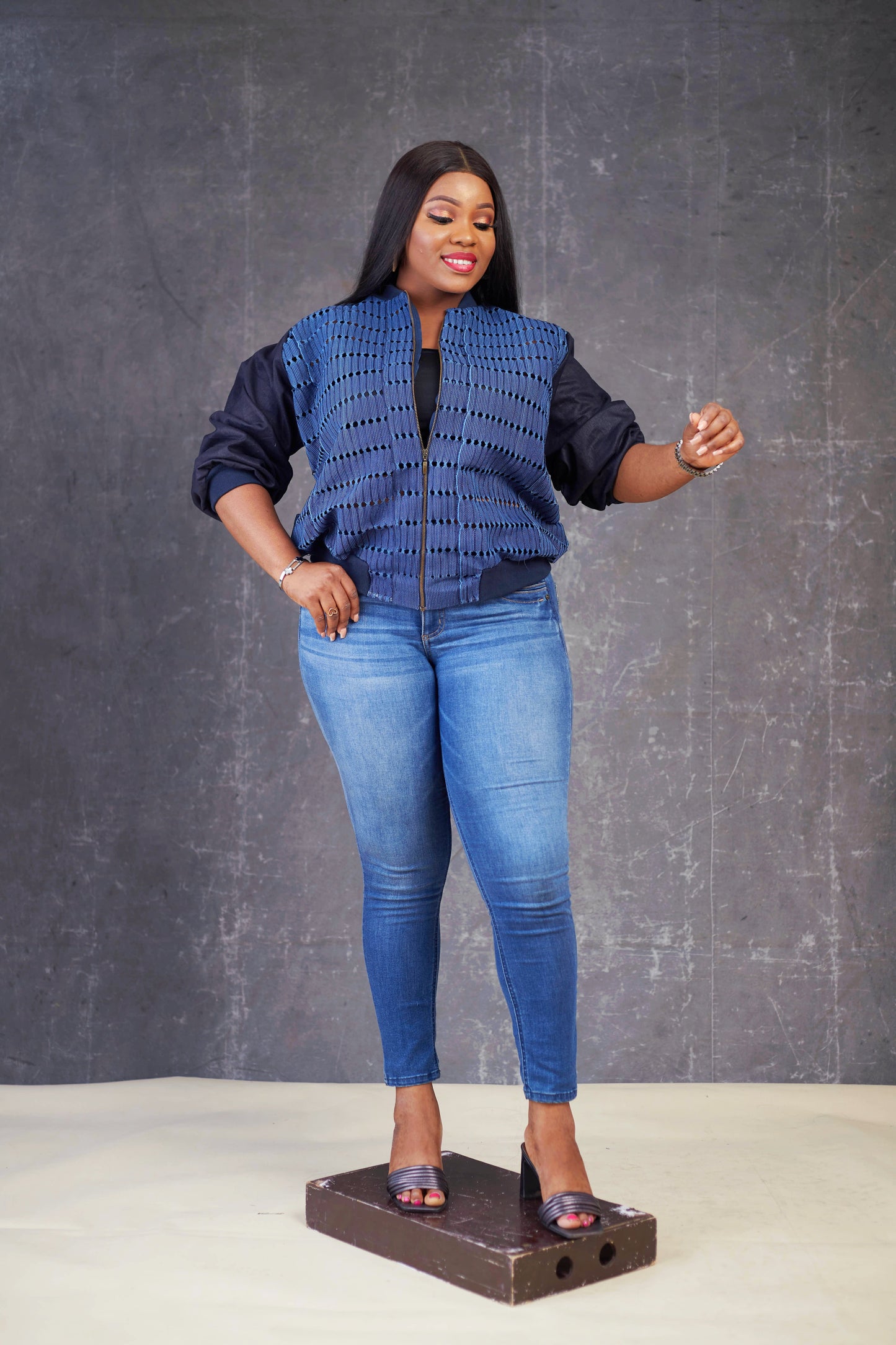 Denim Aso oke Bomber Jacket