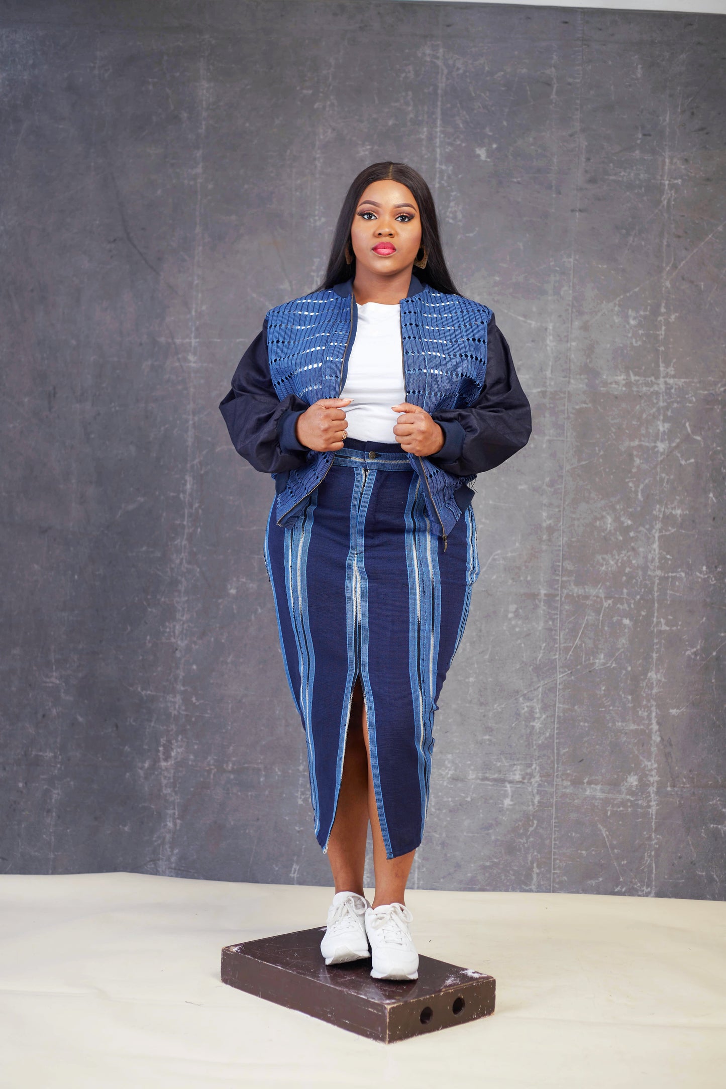 Denim Aso oke Bomber Jacket
