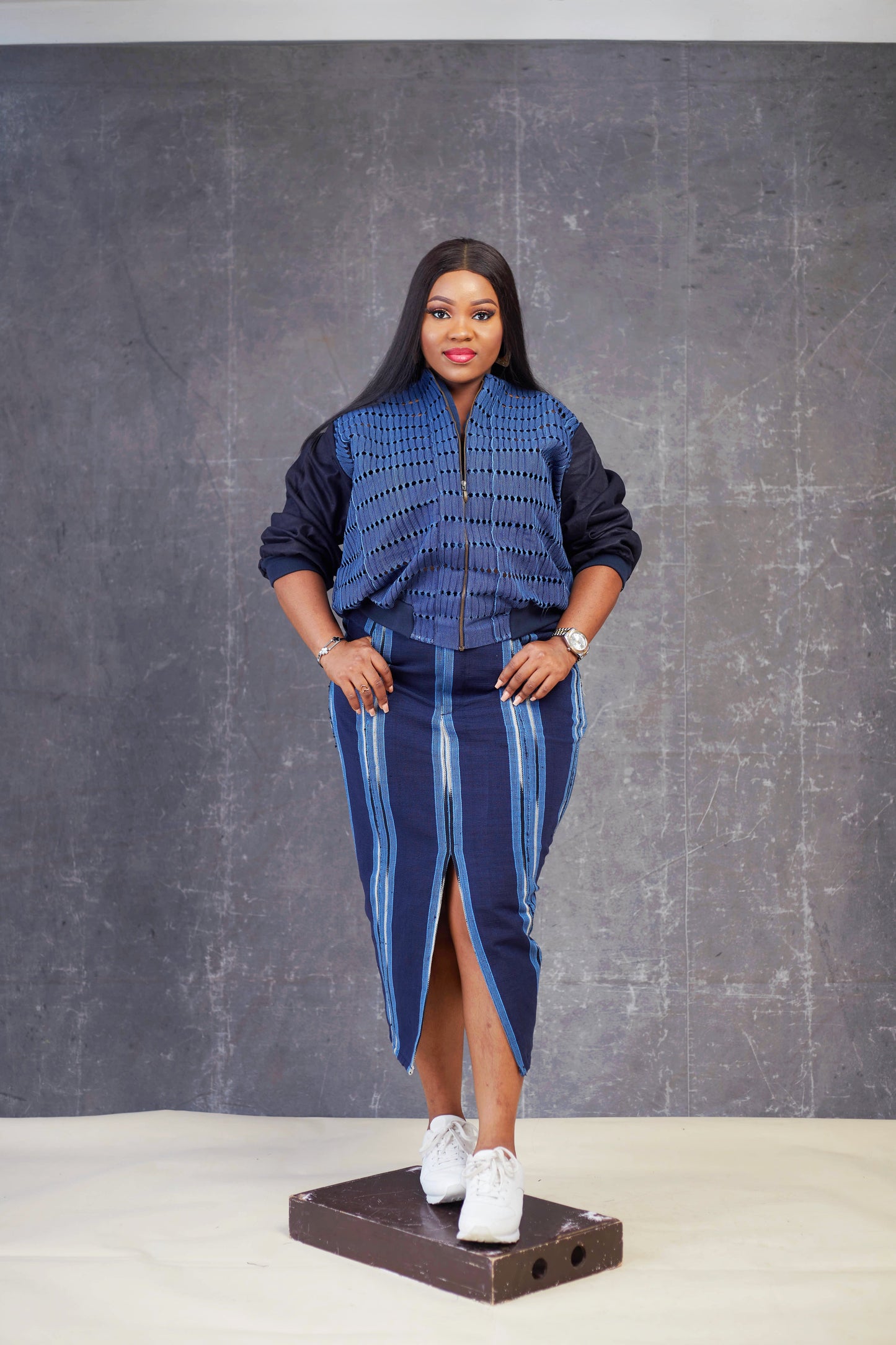 Denim Aso oke Bomber Jacket