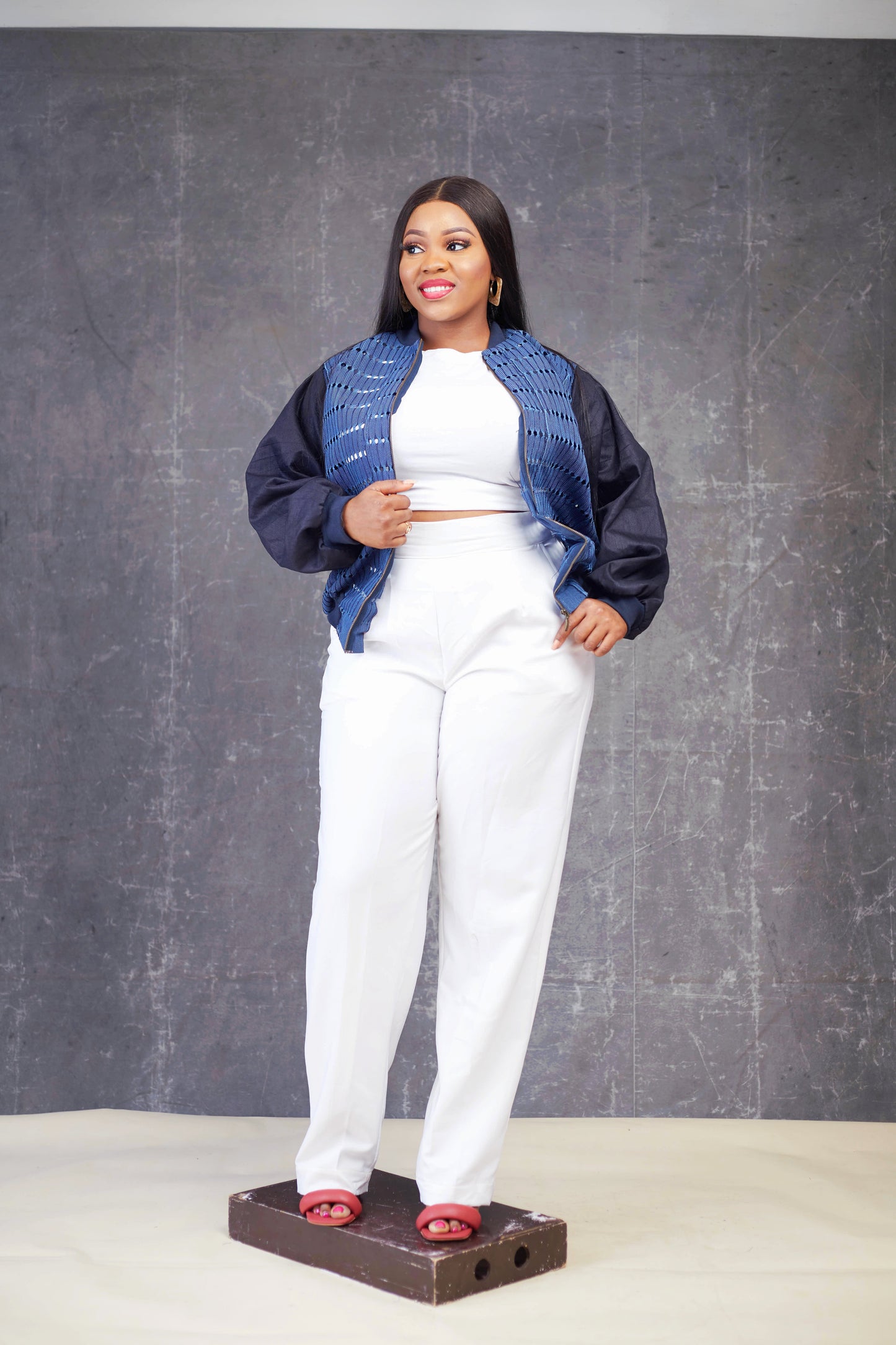 Denim Aso oke Bomber Jacket