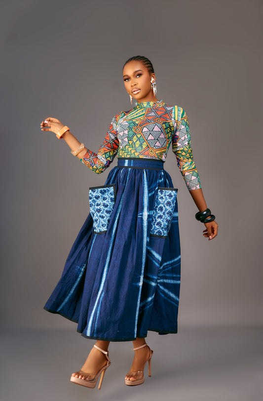 Ngozi pleated Adire skirt