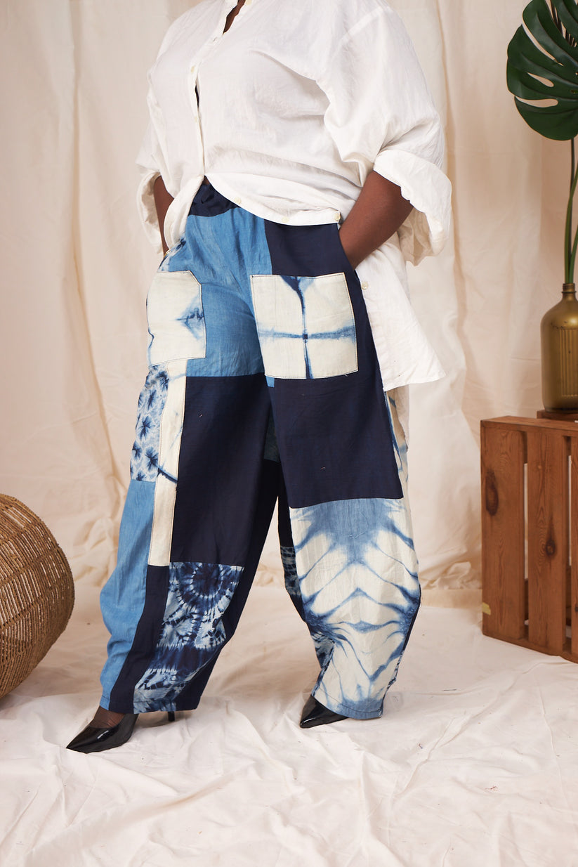 Ayo indigo patchwork barrel pants
