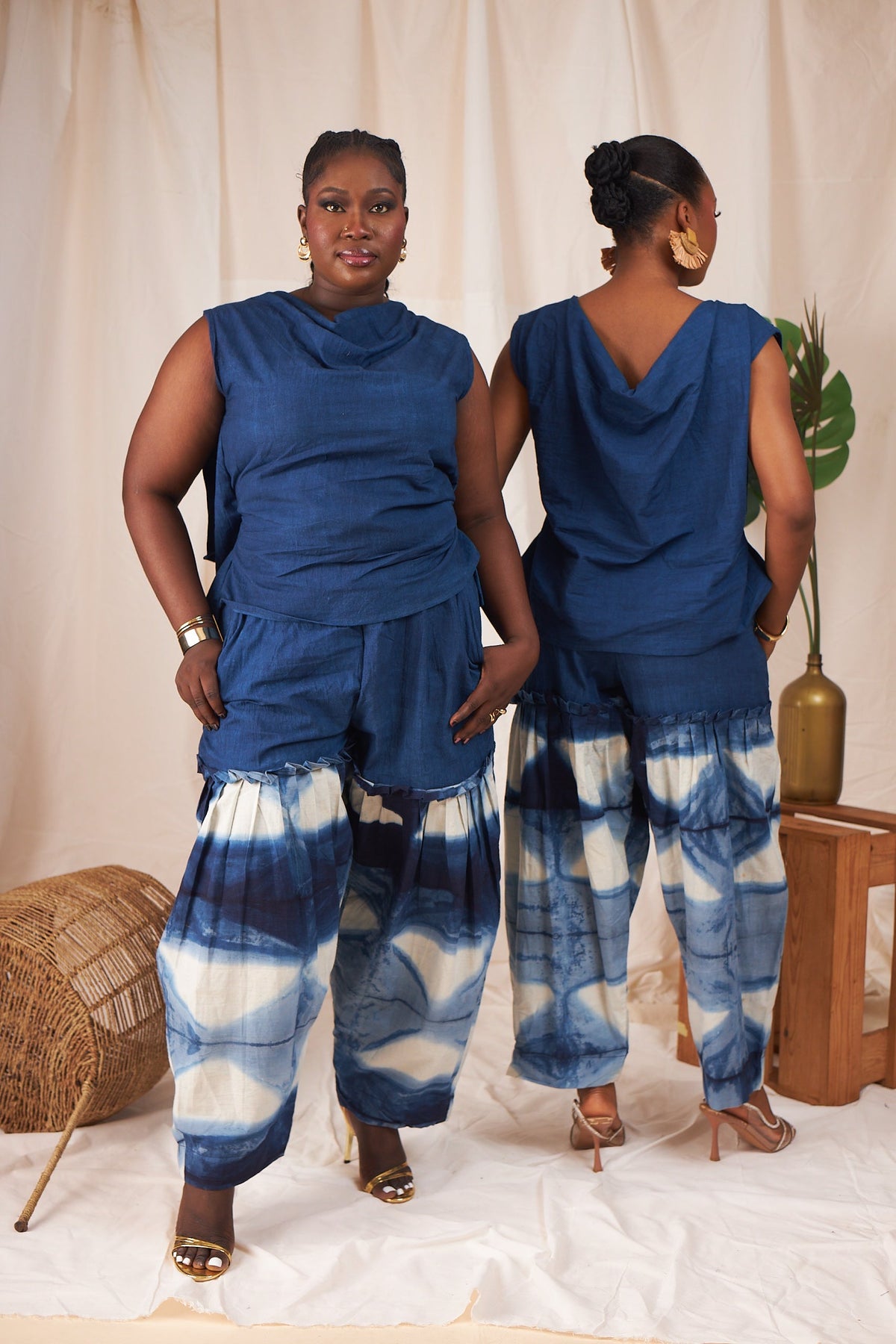 Nia two-way top and barrel pants set in indigo