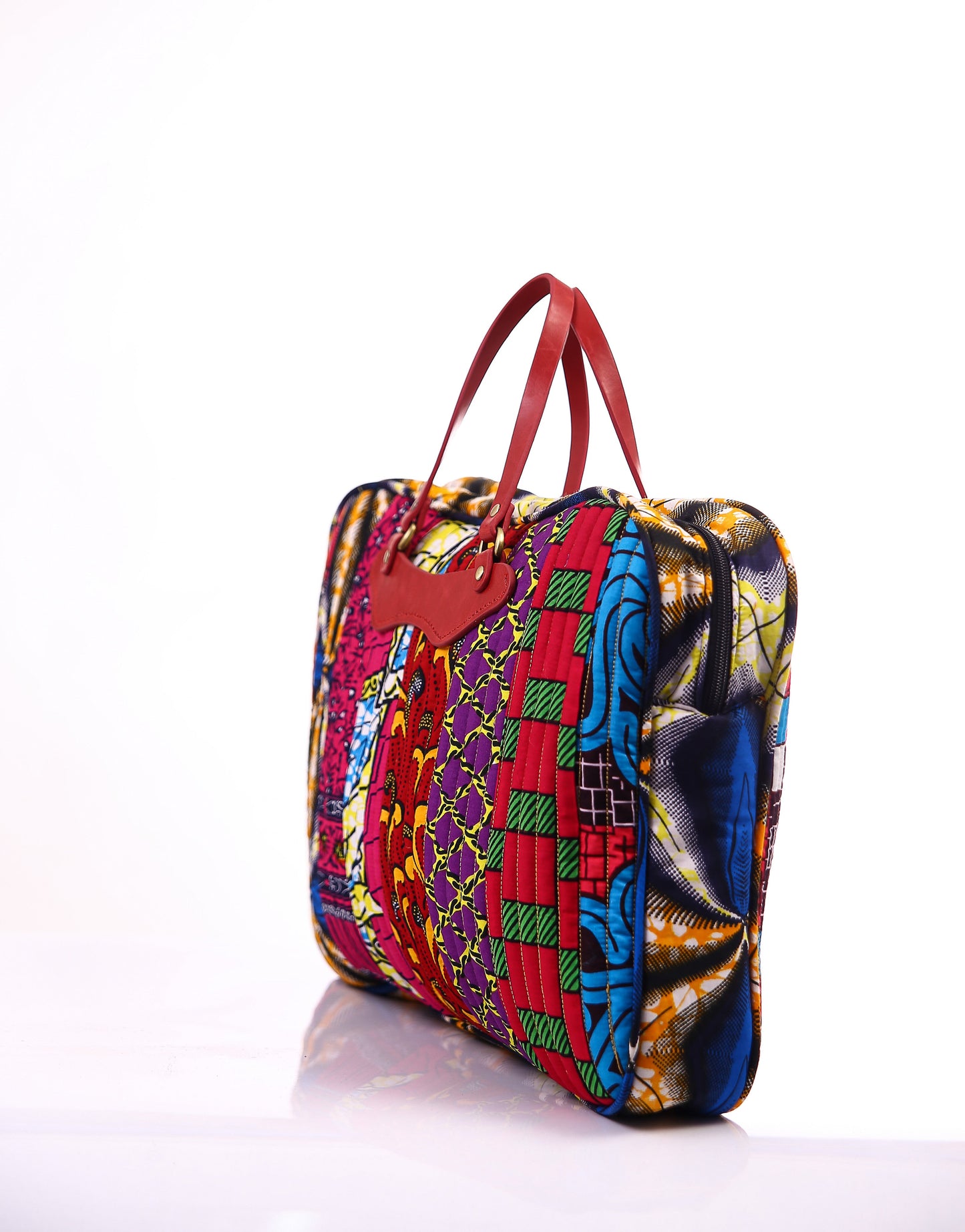 Sac pour ordinateur portable matelassé Multi-Ankara (poignée en cuir)